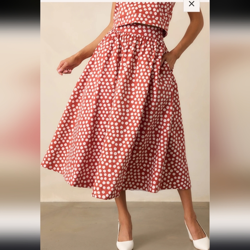 Prosperina Red Dress Thena Brick Red Polka Dot Cotton Midi Skirt Small Pockets